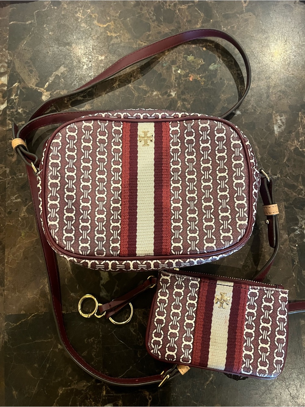 Tory Burch Maroon Logo Jacquard Gemini Crossbody Bag with wallet - Picture 3 of 5